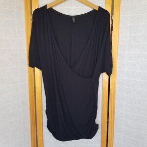 By Johnny Wrap Top Size XL Black Side Rouching Drapey Deep V-Neck